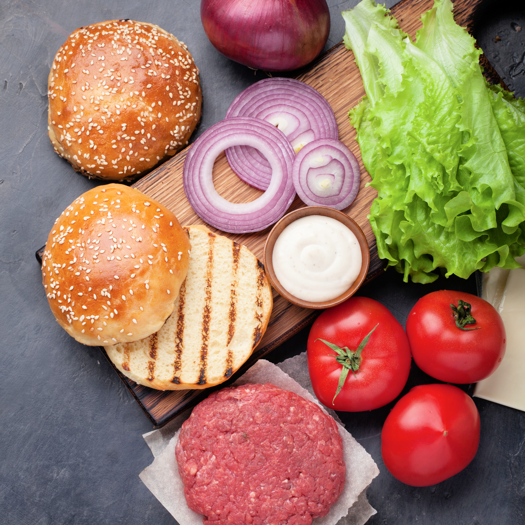 Burger ingredients ready to be prepped.